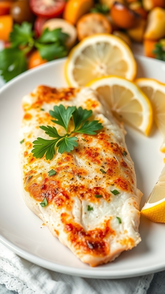 Pan-seared tilapia fillet garnished with parsley and lemon wedges, served with sautéed vegetables.